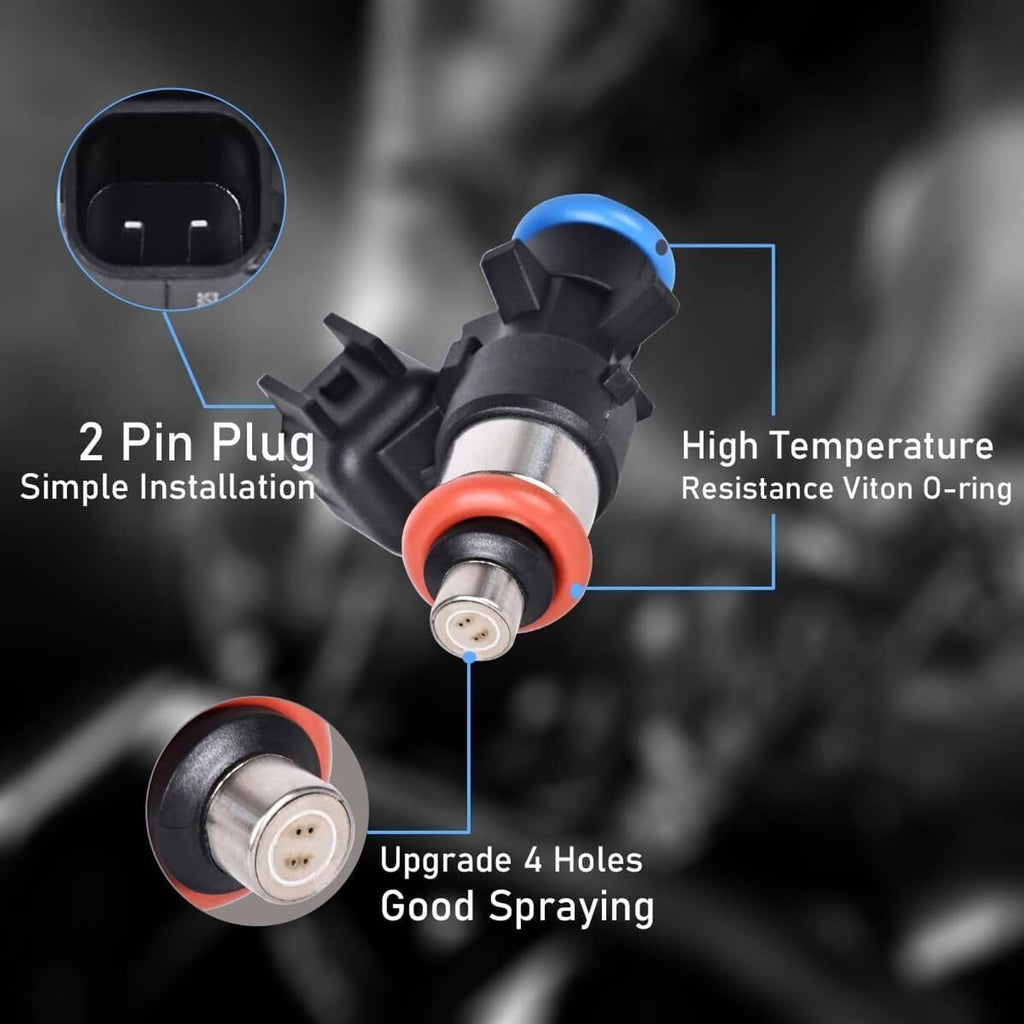 Fuel injector angle view showing 2-pin plug, red o-ring seal, and metal tip