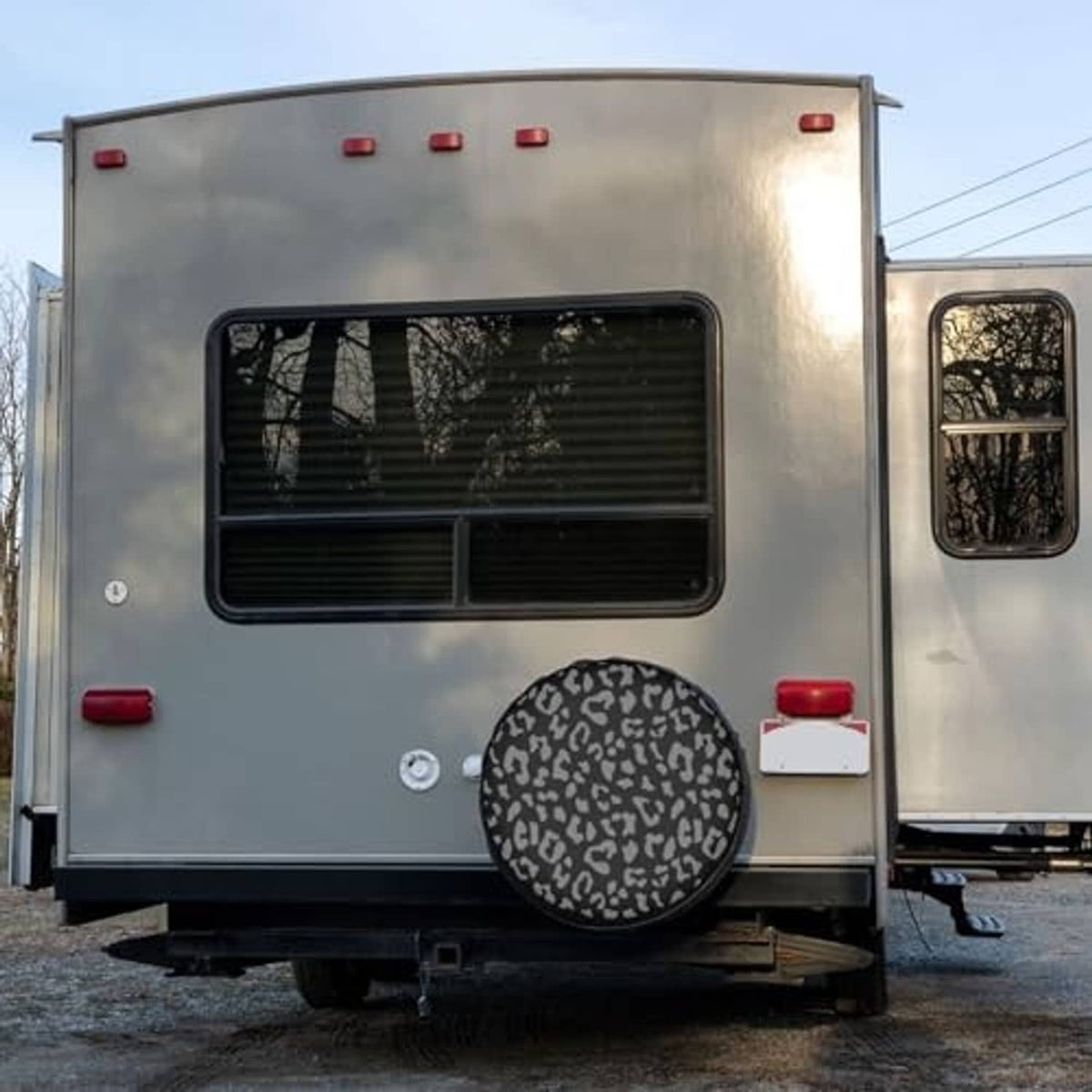 Spare tire cover on rear of camper van, black circle with gray leopard pattern