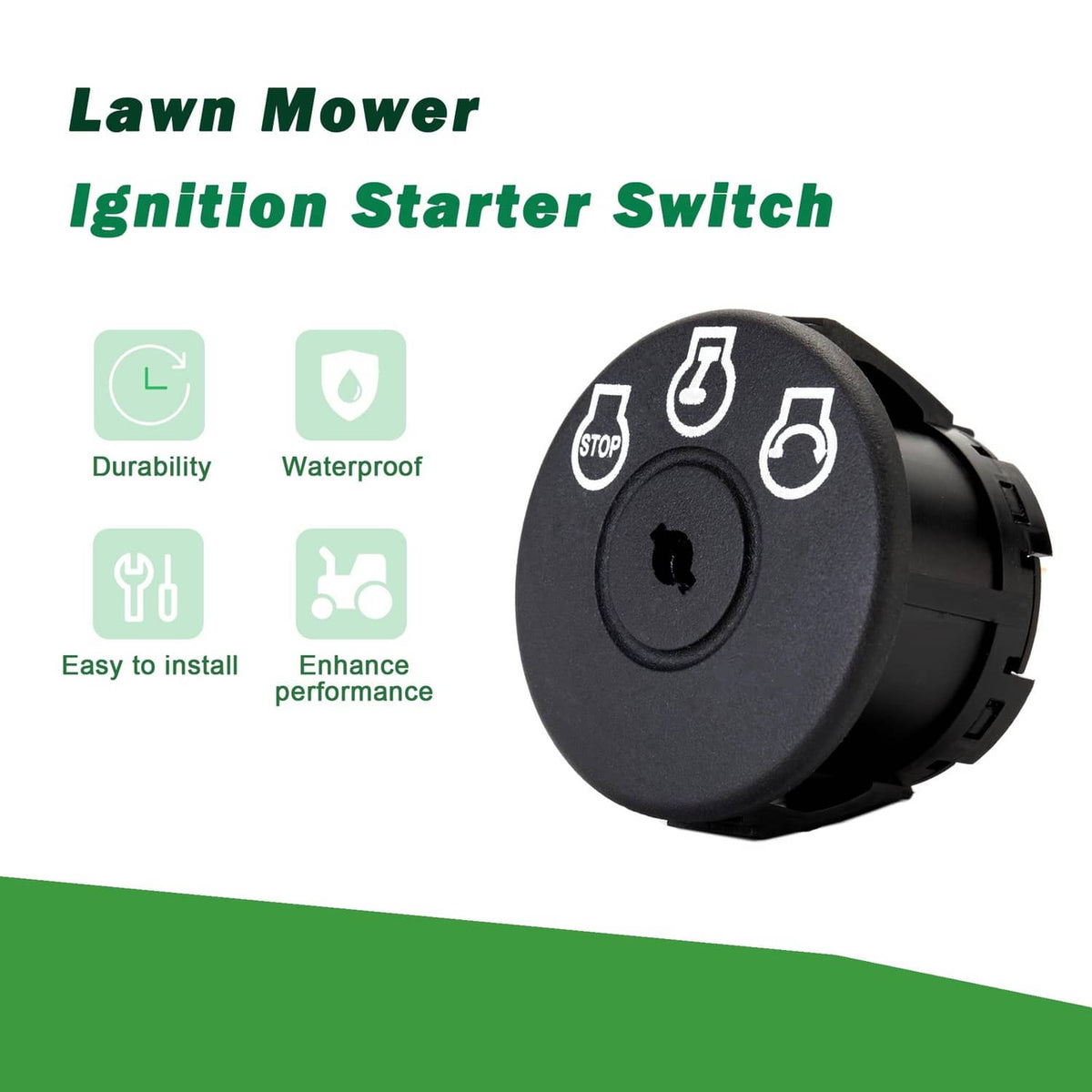Lawn mower ignition starter switch, black round cap with stop and start icons