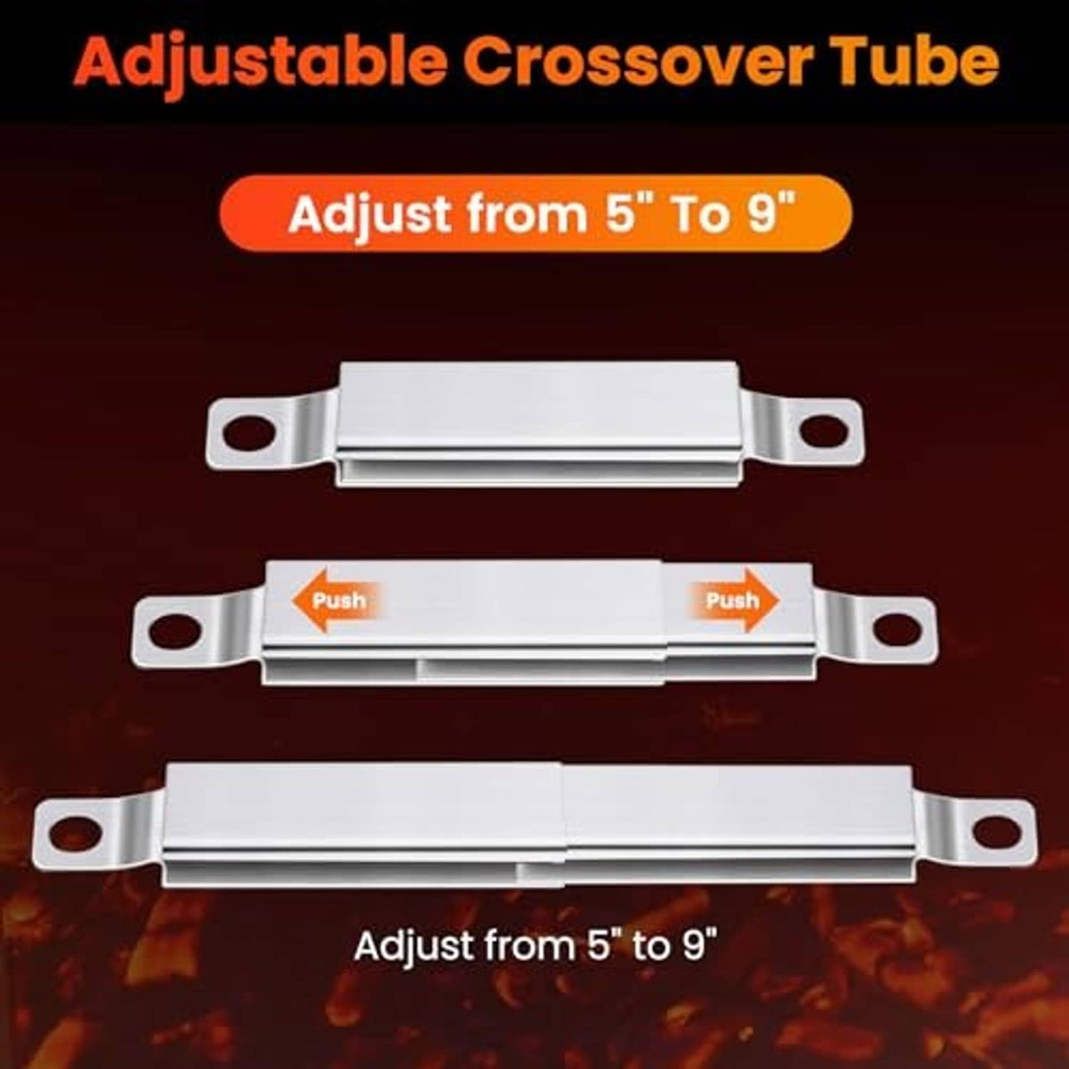 Adjustable crossover tube assembly with push-fit range from 5 to 9 inches