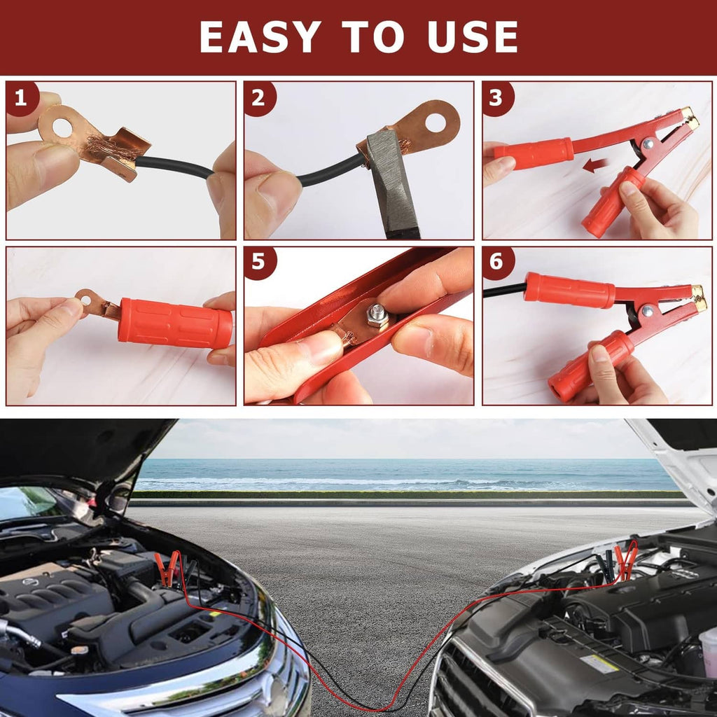Battery jumper cable clamps and accessories shown with step-by-step use illustrations