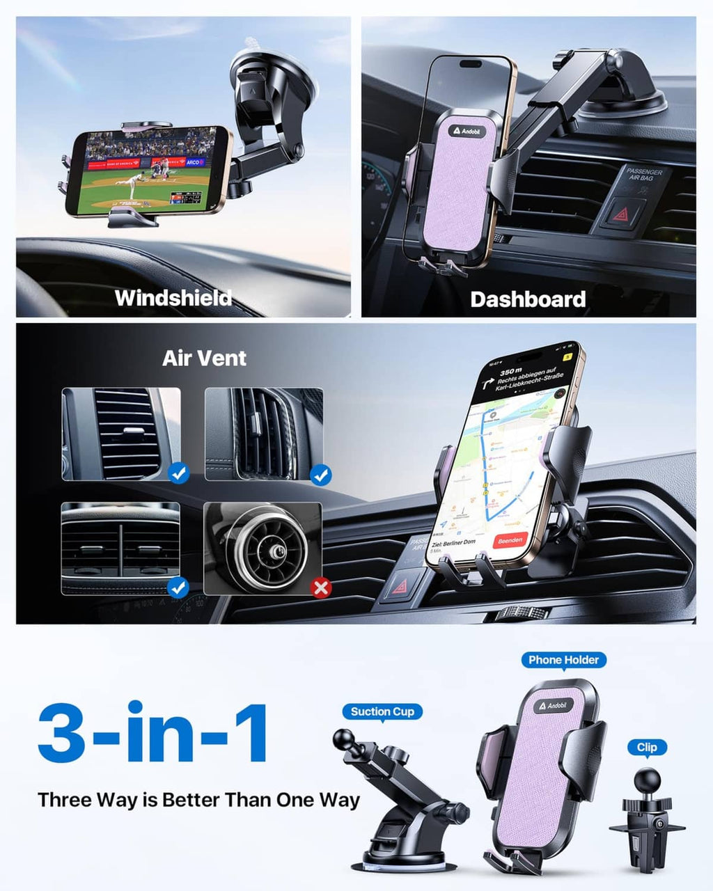 3-in-1 car phone holder set with windshield, dashboard, and air-vent mounts