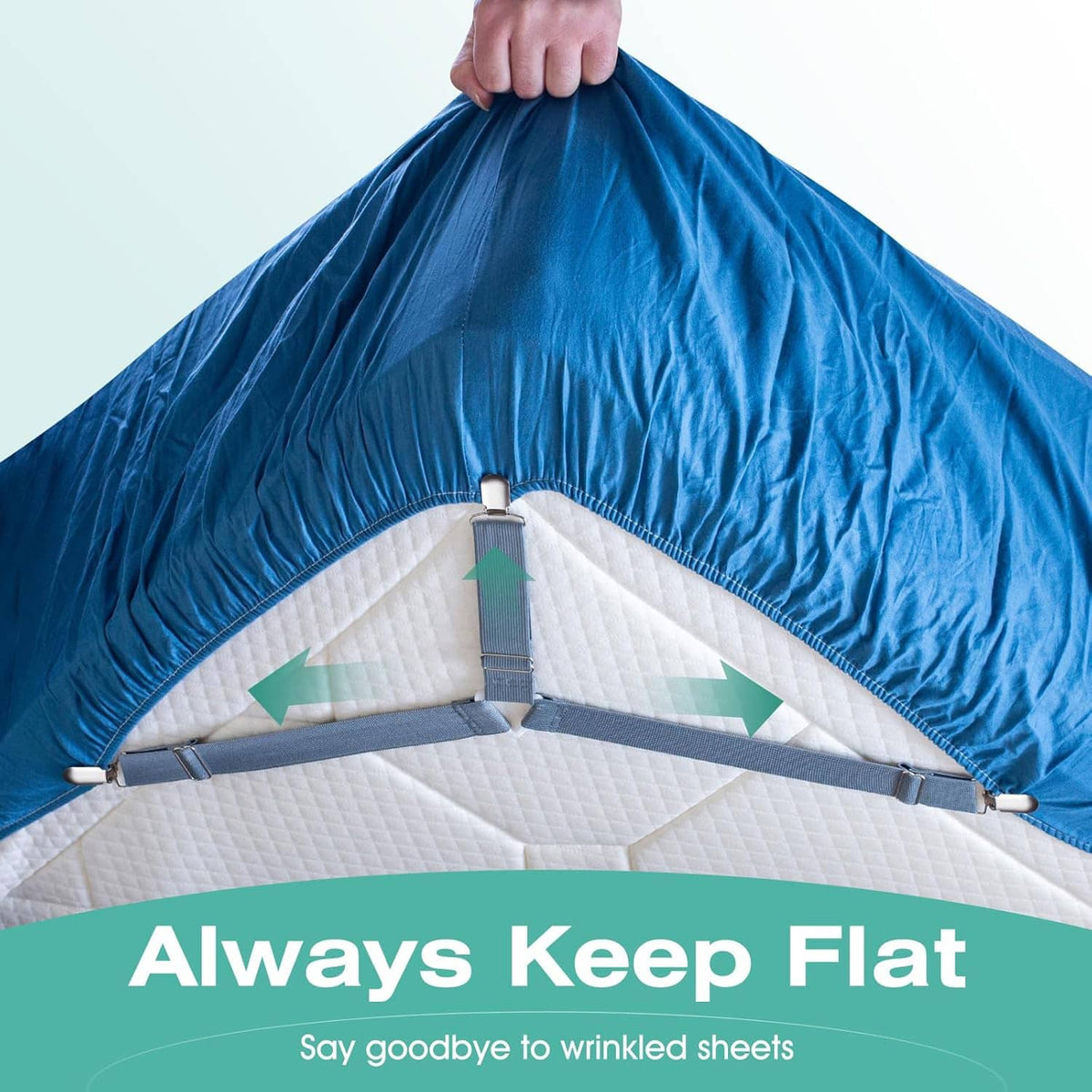 Blue fitted sheet with adjustable gray bed sheet straps and clips holding corners flat