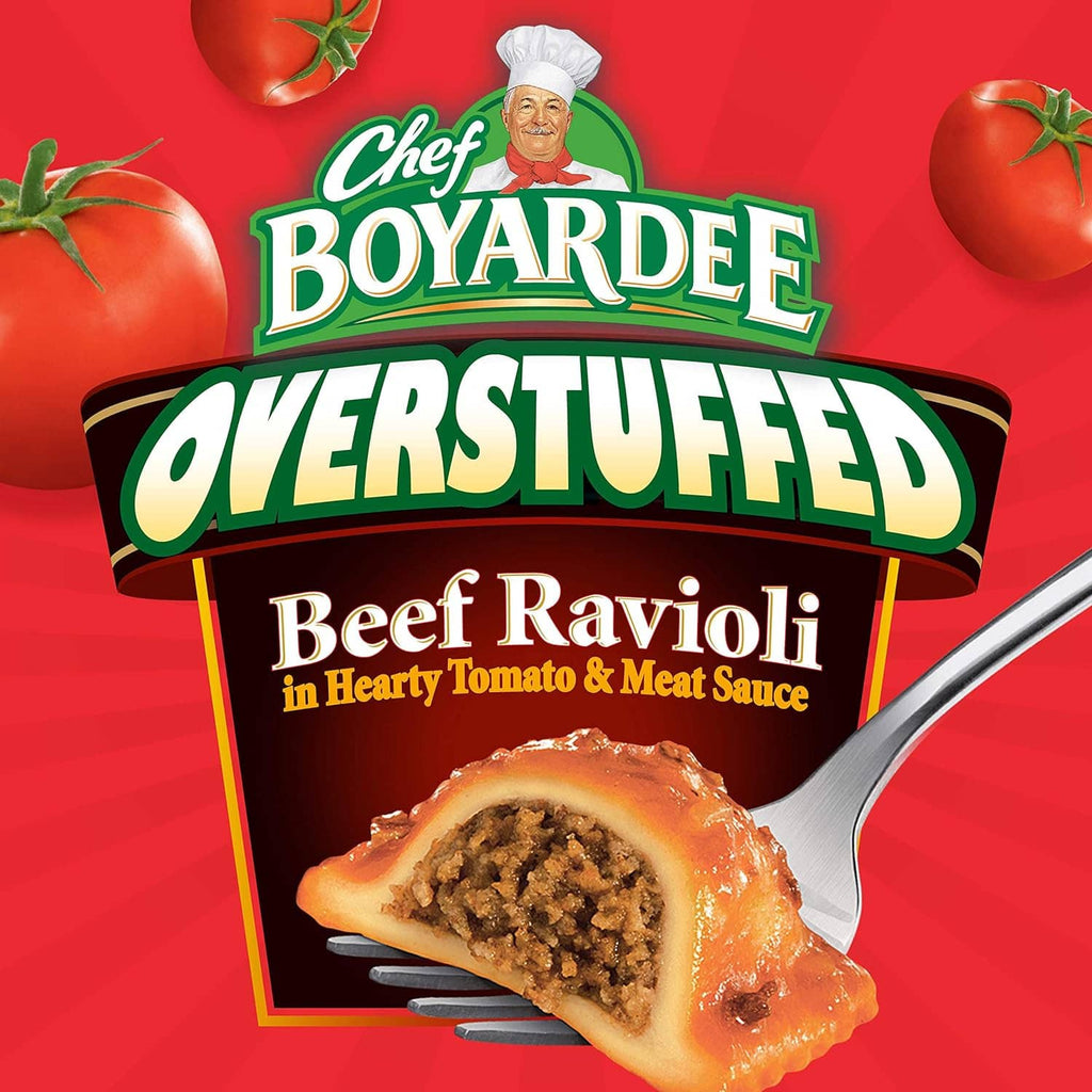 Chef Boyardee Overstuffed Beef Ravioli can front with ravioli and serving spoon picture