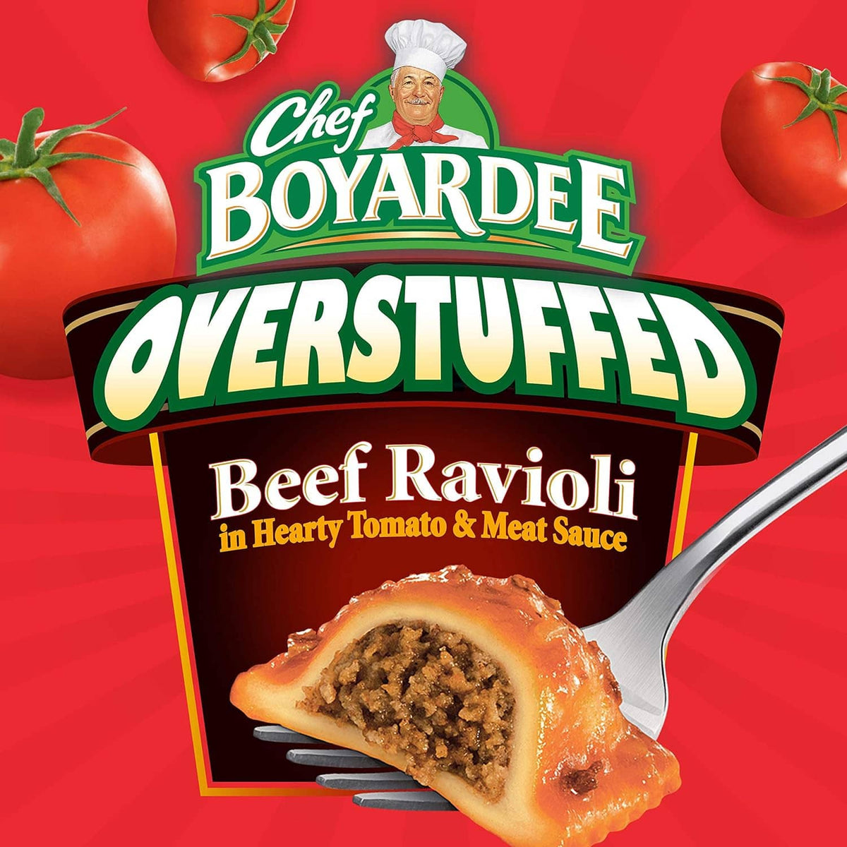 Chef Boyardee Overstuffed Beef Ravioli can front with ravioli and serving spoon picture