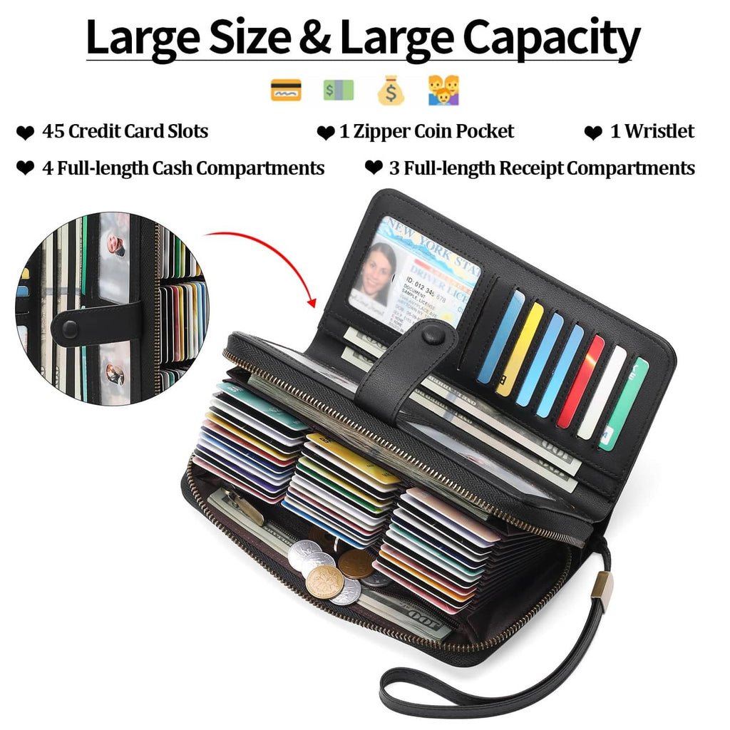 Black leather card wallet with many card slots, zip coin pocket, and cash compartments