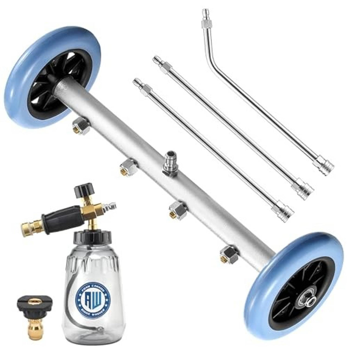 Pressure washer undercarriage cleaner with two blue wheels, long wand, foam bottle