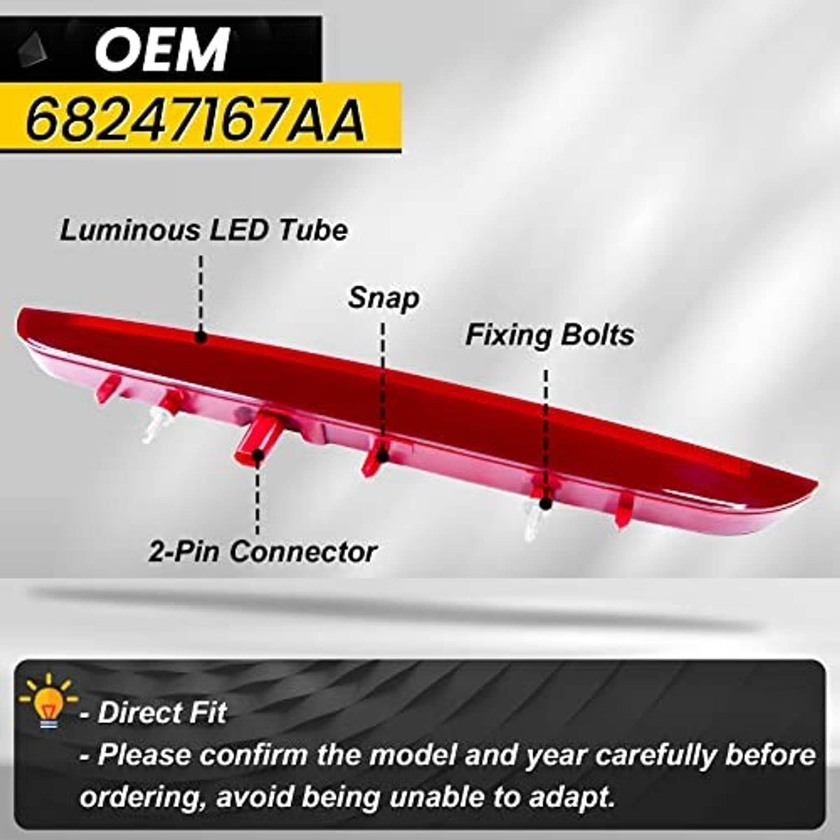 Red luminous LED tube brake light with snap clips, bolts, and 2-pin connector