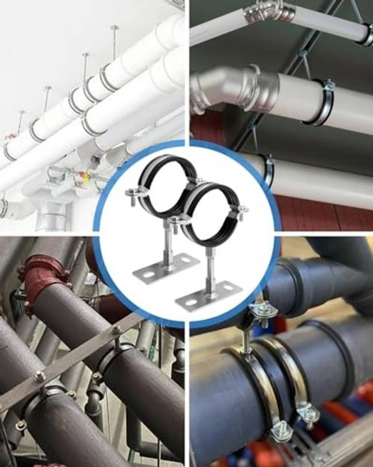 Adjustable pipe hanger brackets with black split rings on metal venting pipes