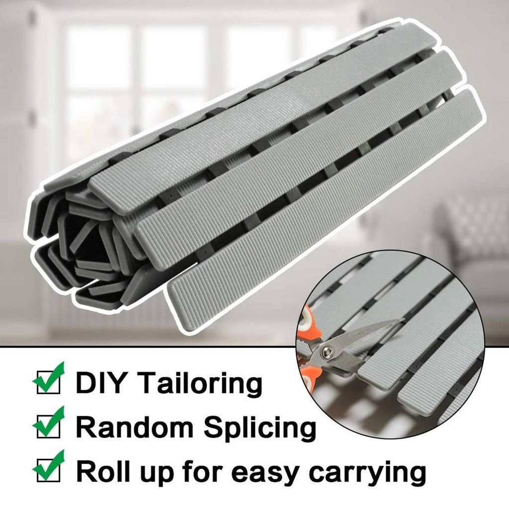 Grey ribbed shower mat, stacked/rolled design with interlocking slats