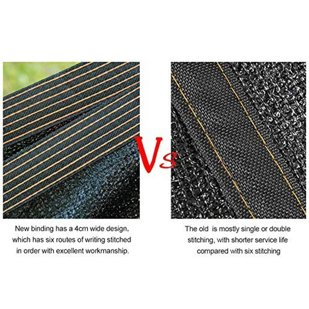 Shade cloth binding close-up showing dense stitching texture and striped edge piping