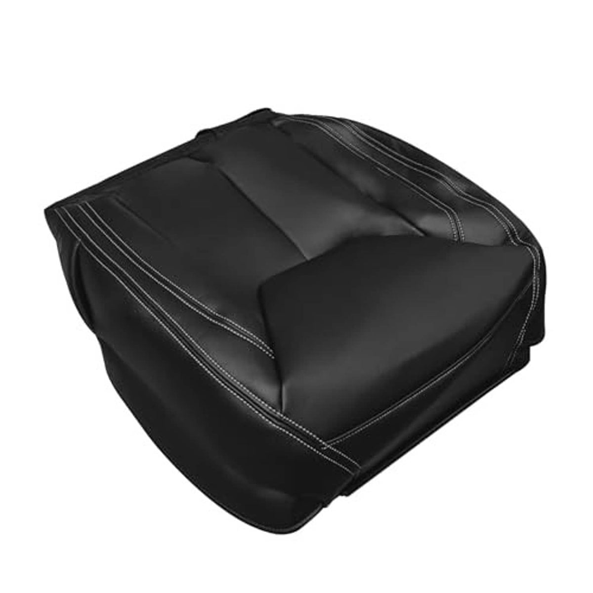 Black leather seat cover 3/4 view with quilted panels and double-stitched borders