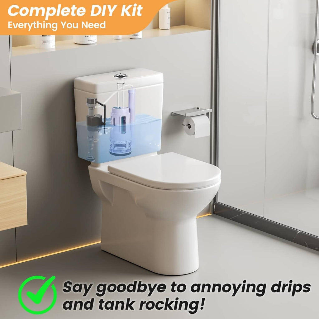 Dual flush toilet valve kit shown installed on a two-piece toilet tank