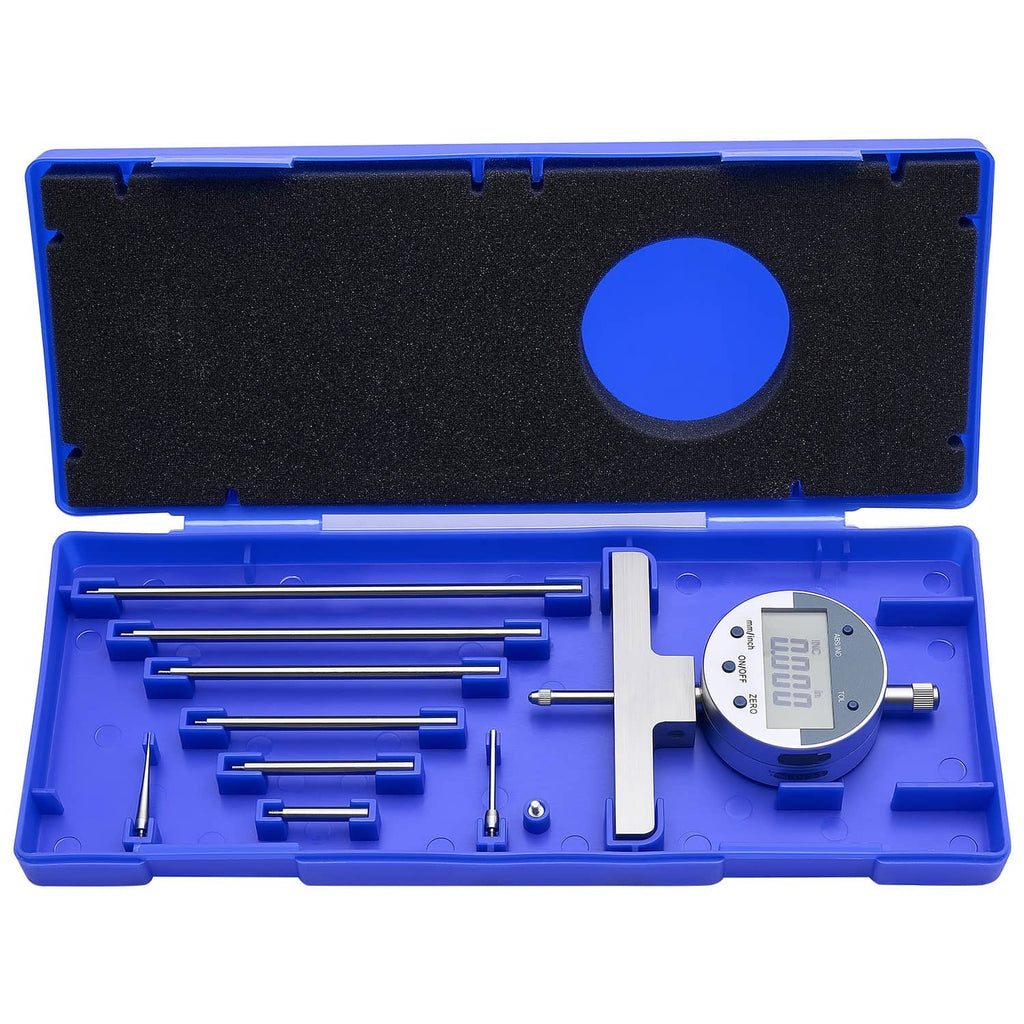 Digital depth micrometer kit in blue foam case with test rods and display unit
