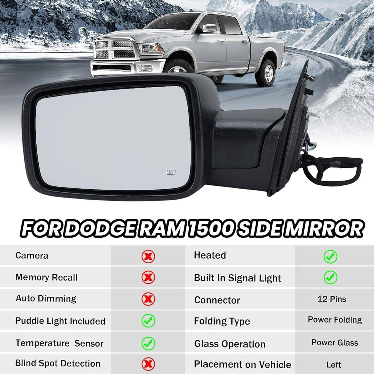Left side mirror glass and housing with integrated LED turn signal lens