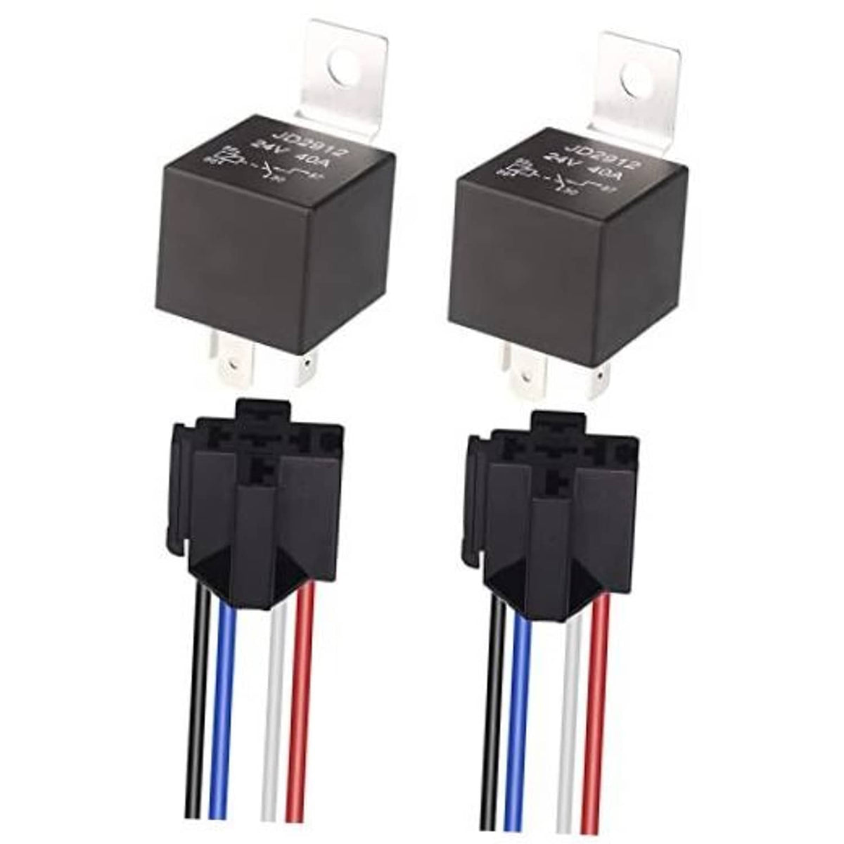 2-pack 24V 4-pin car relay harnesses with colored 12AWG wires, black relay bodies
