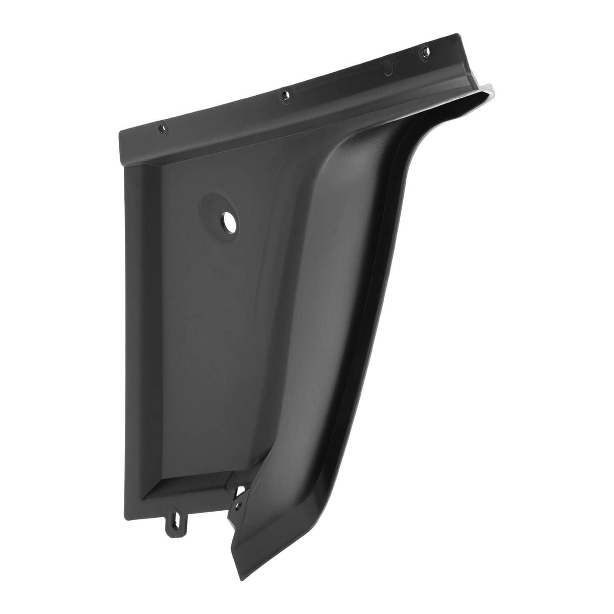 Black front driver-side fender flare panel with mounting holes and curved shape