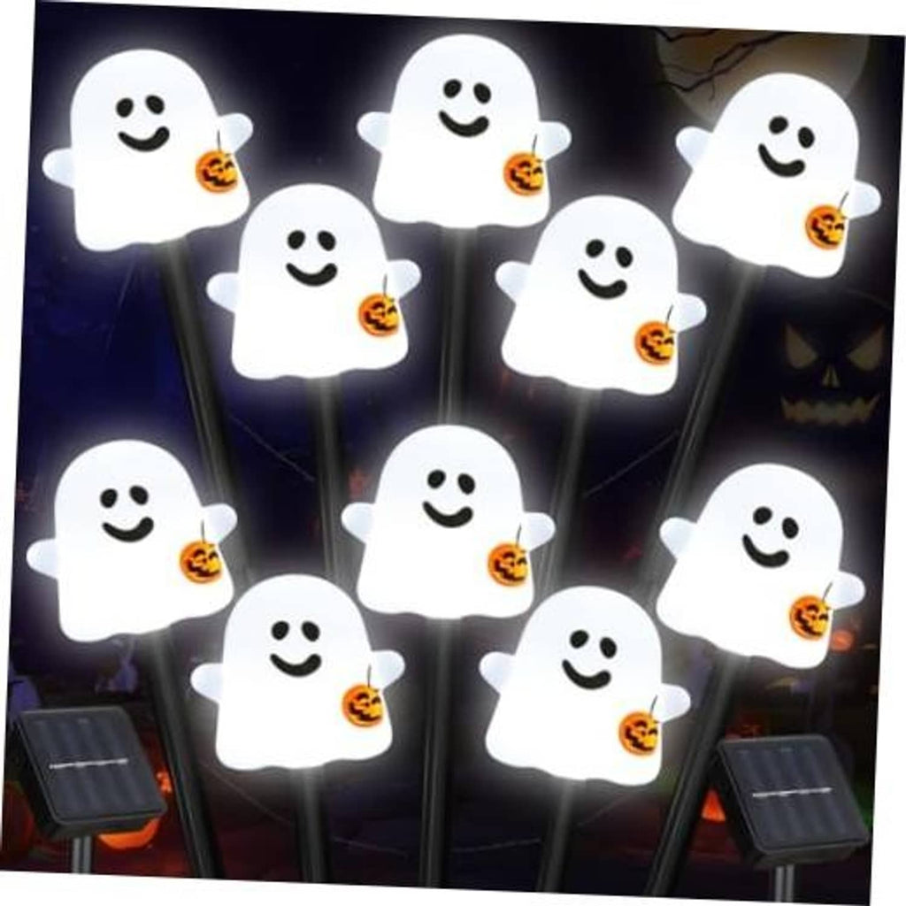 White smiling ghost solar pathway lights with jack-o'-lantern buckets on ground stakes
