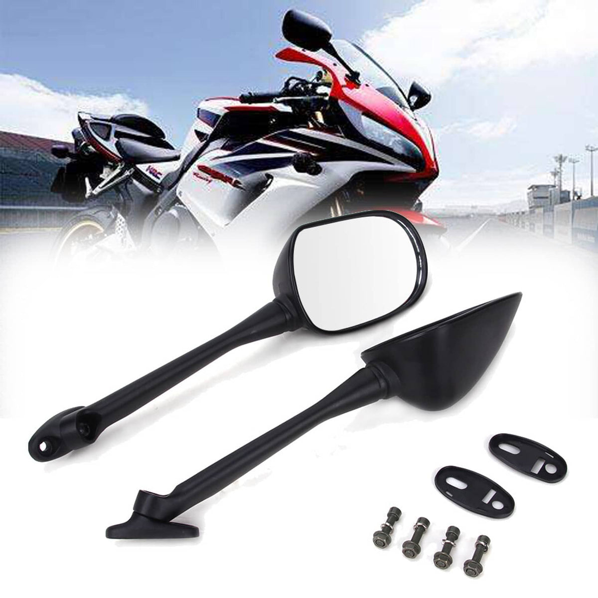 Pair of black round motorcycle mirrors with long stems and mounting hardware
