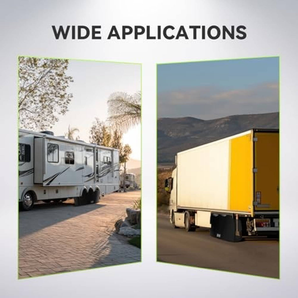 Black triple-axle tire covers for RVs and trailers, showing wide application