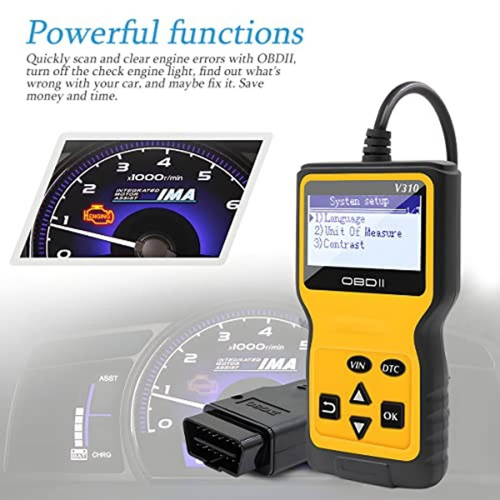 AUCELI OBD2 code scanner with lit screen showing system menu and buttons