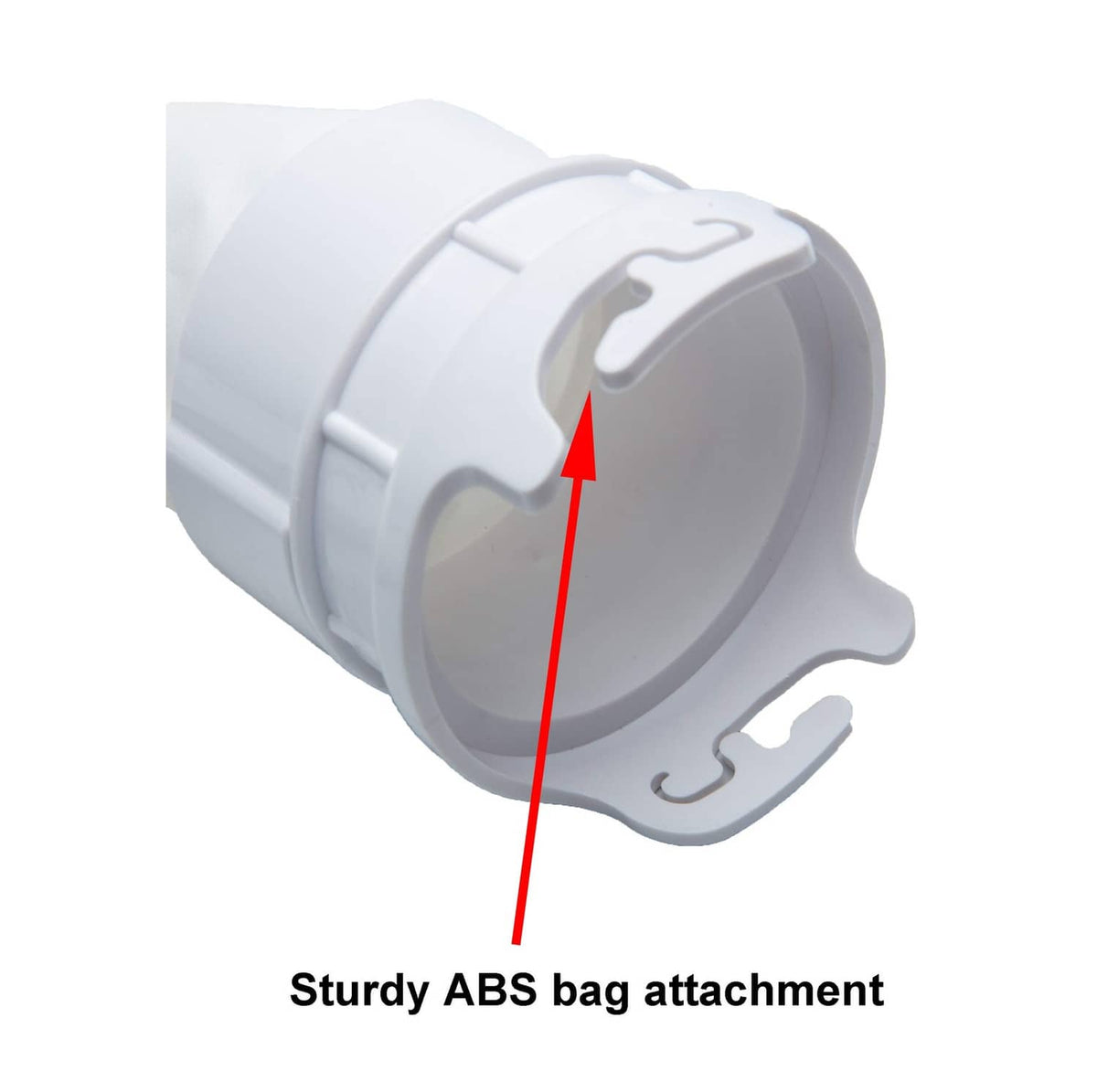 ABS hose bag attachment for fine-mesh pool debris bag, white connector