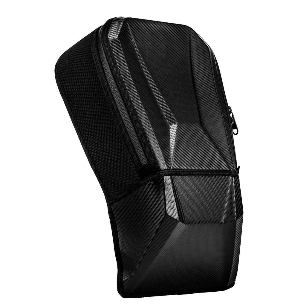 Black center console storage bag with carbon-fiber patterned sides and zipper closure.