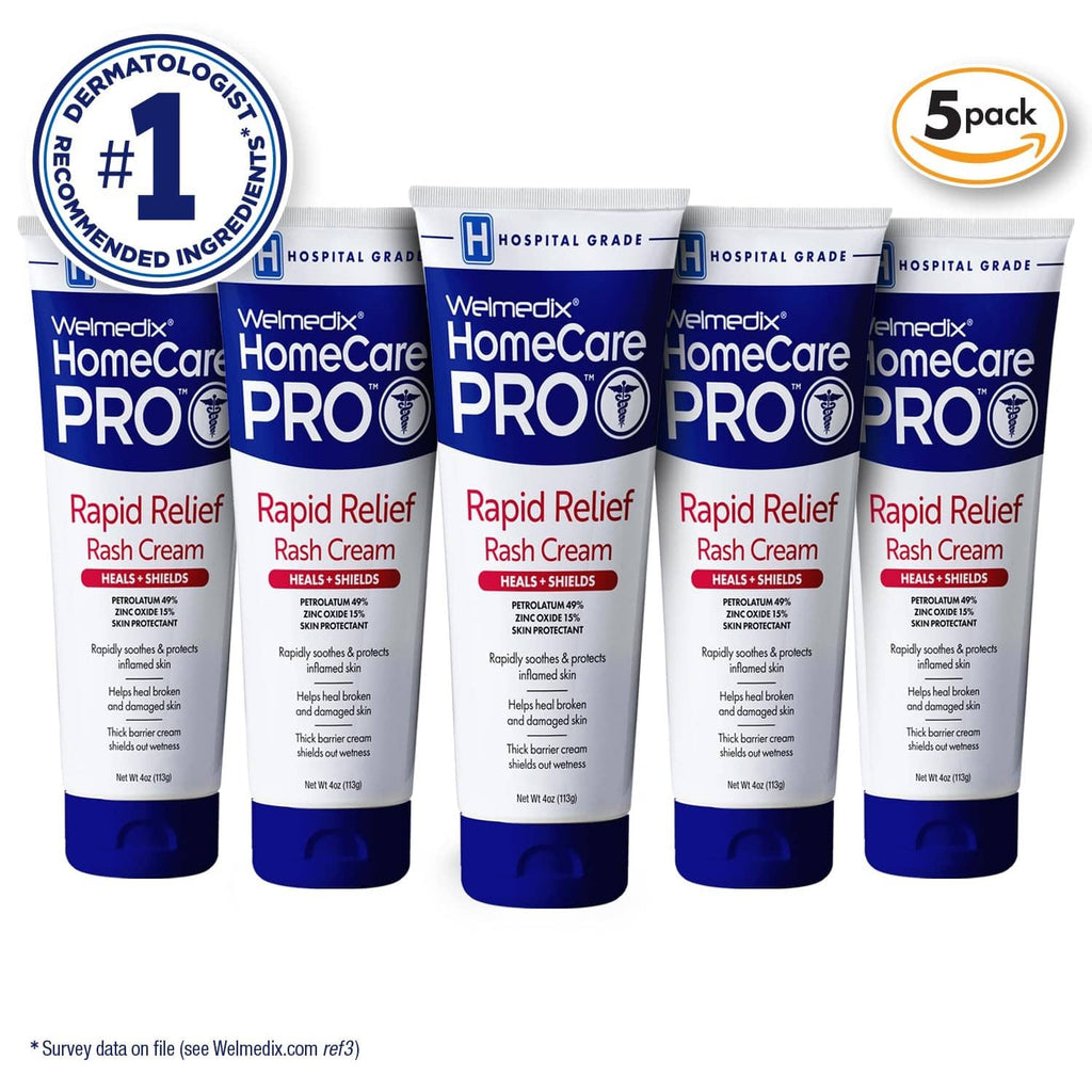 Welmedix HomeCare PRO Rapid Relief zinc oxide diaper rash cream, 5-pack with badges.