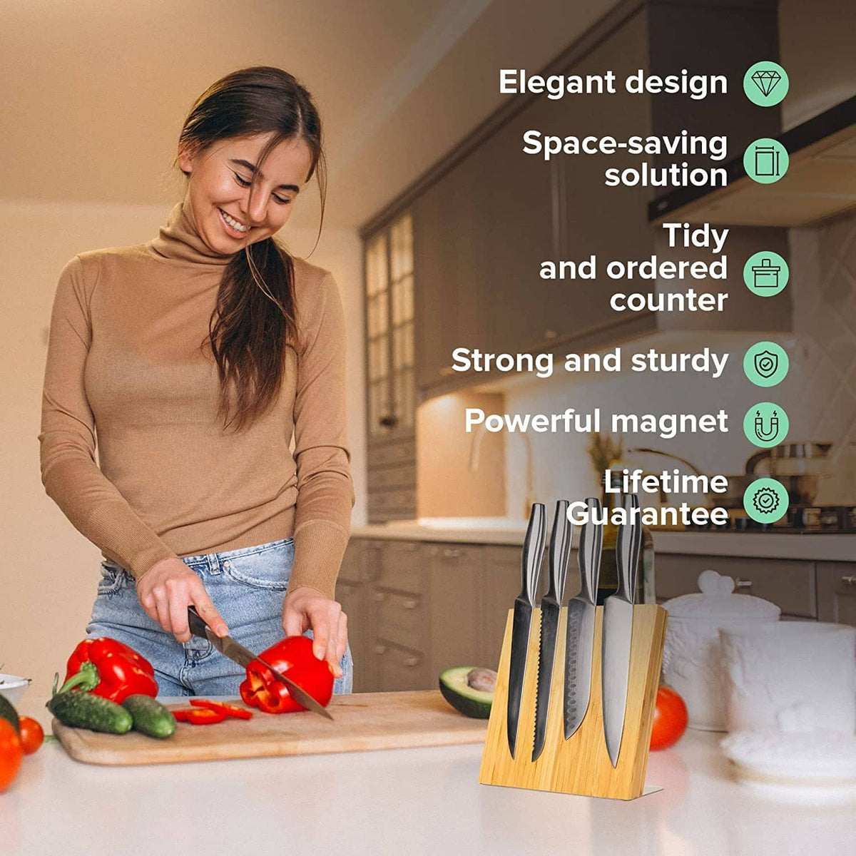 Coninx magnetic knife holder on countertop with several knives attached