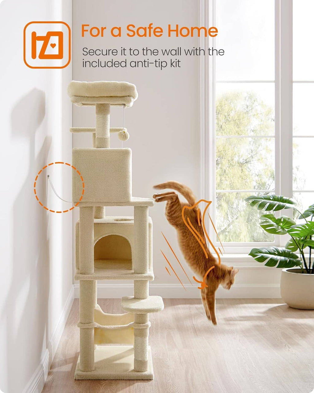 Beige plush cat tower with stacked condos and perches, near a window