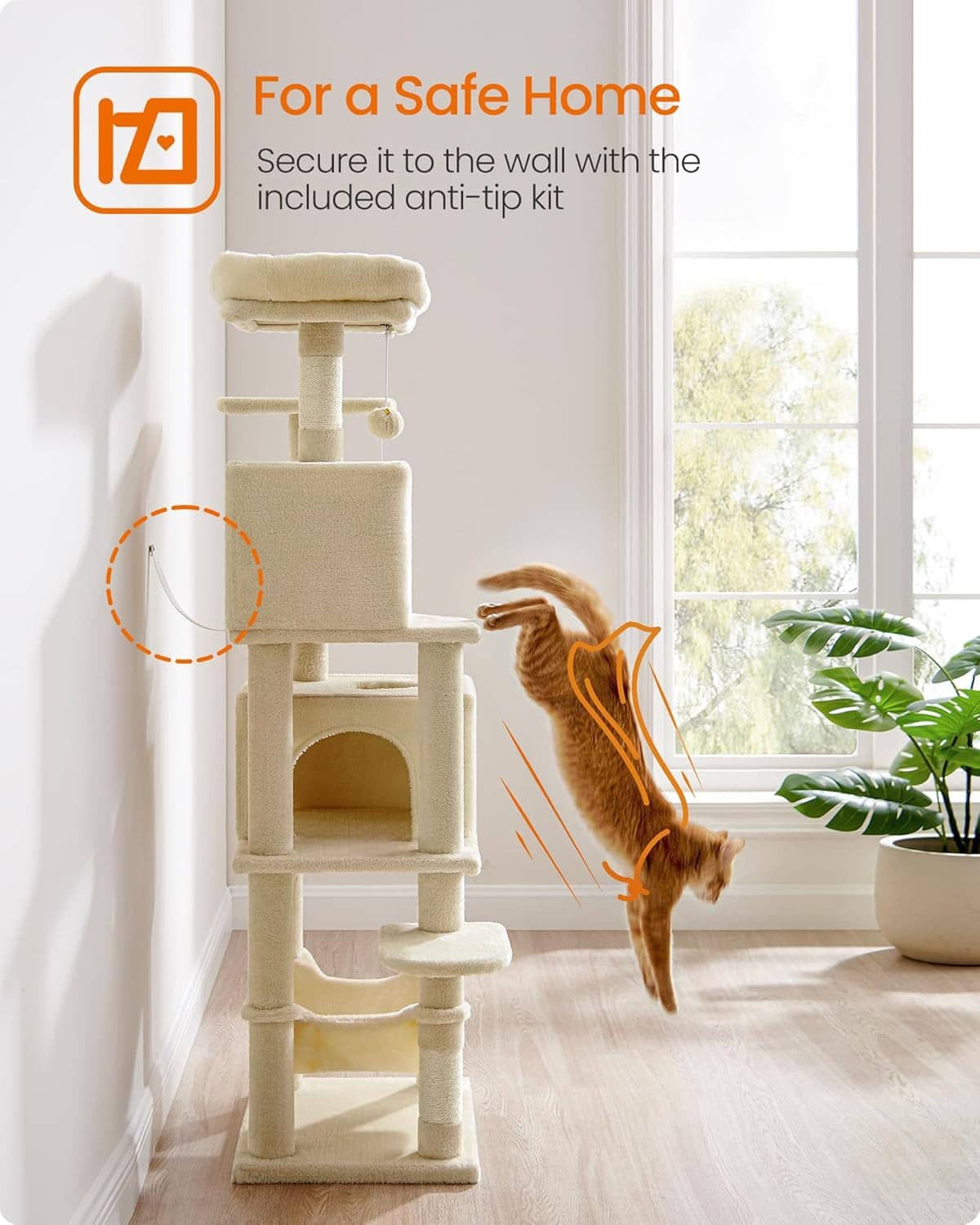 Beige plush cat tower with stacked condos and perches, near a window