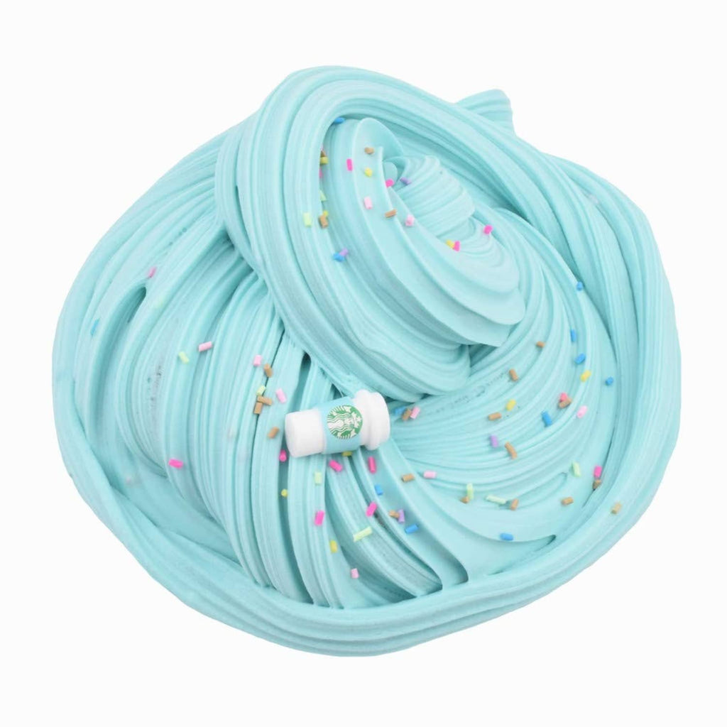 Light blue swirled slime with white cup charm and multicolor sprinkles on top