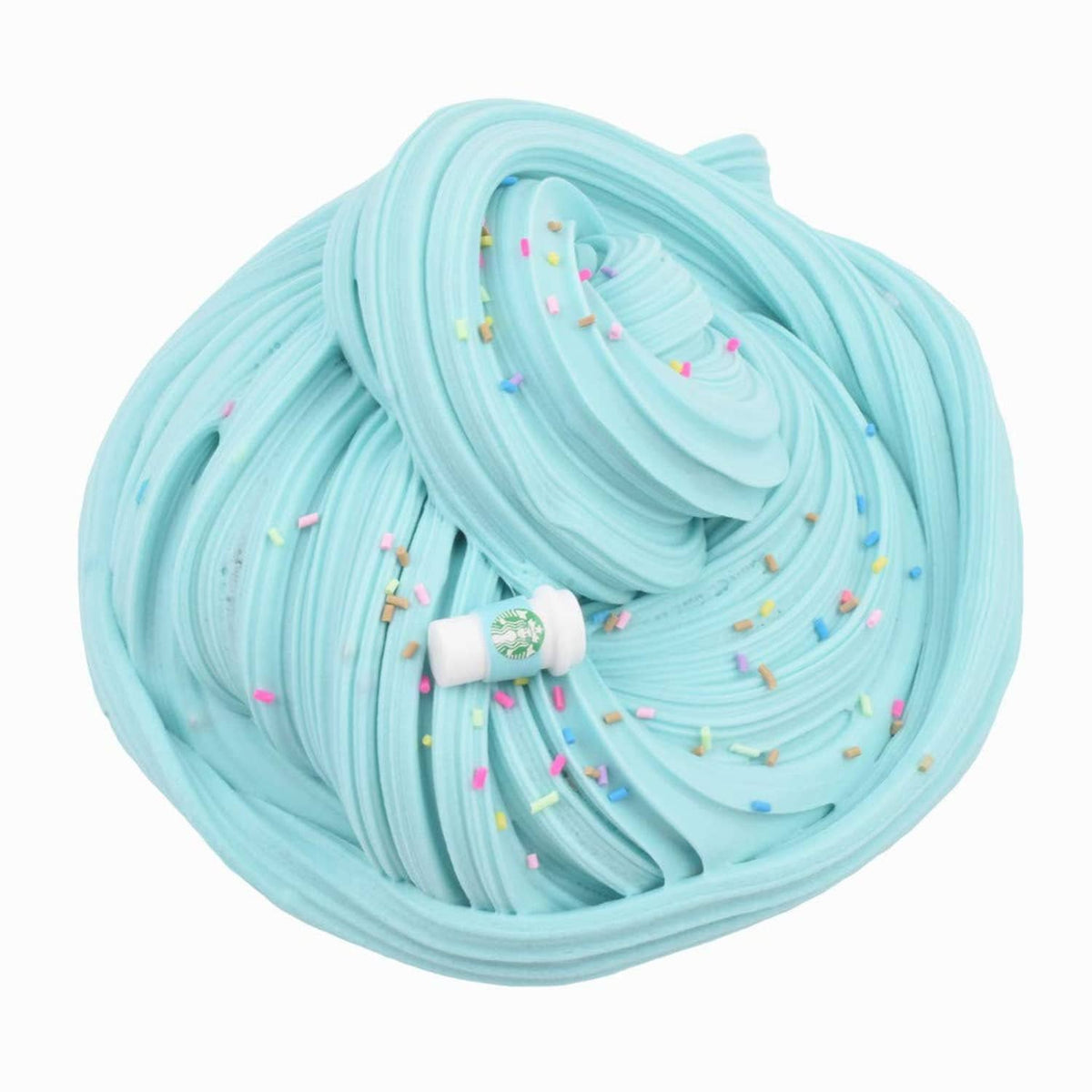 Light blue swirled slime with white cup charm and multicolor sprinkles on top