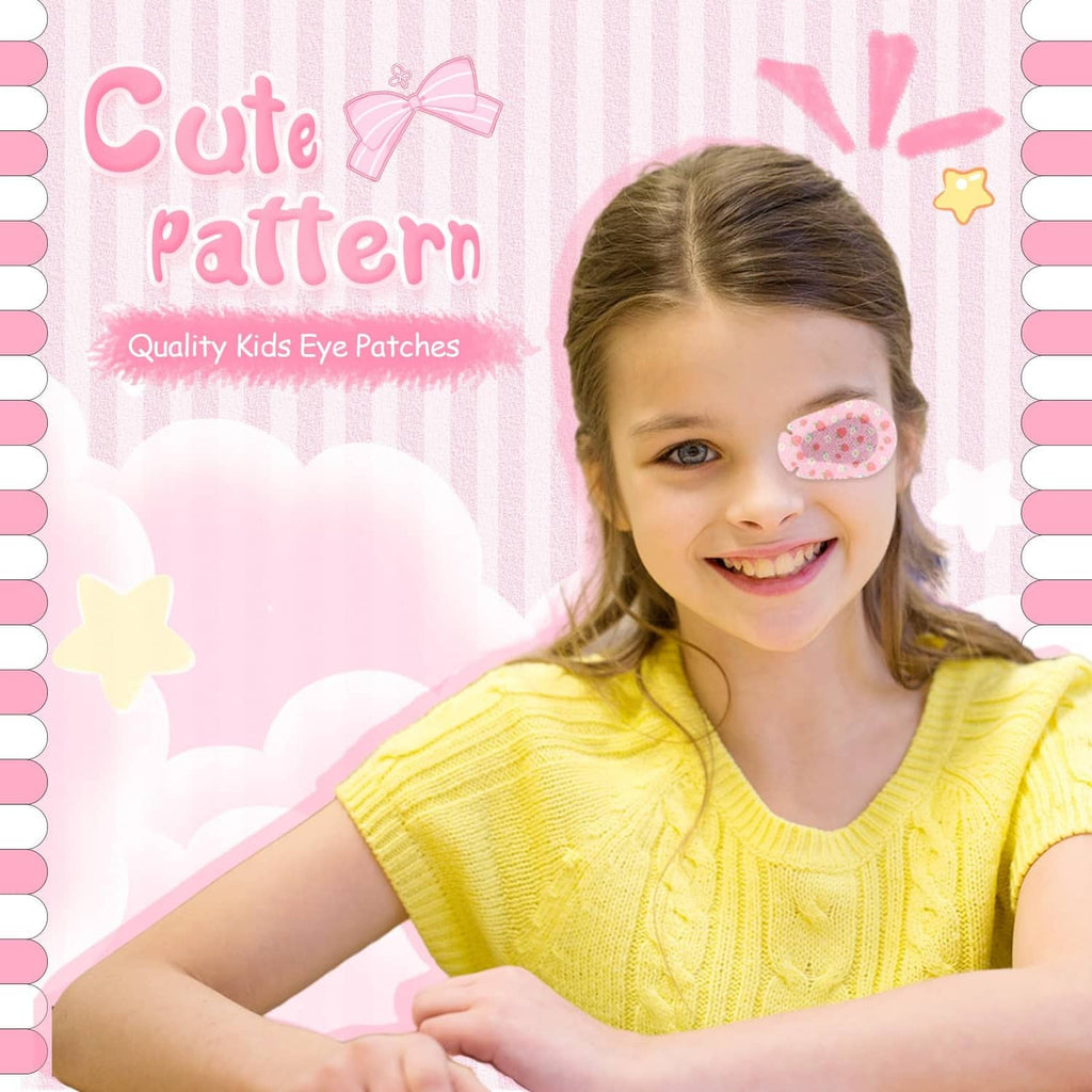 Child smiling with a pink patterned kids adhesive eye patch on one eye