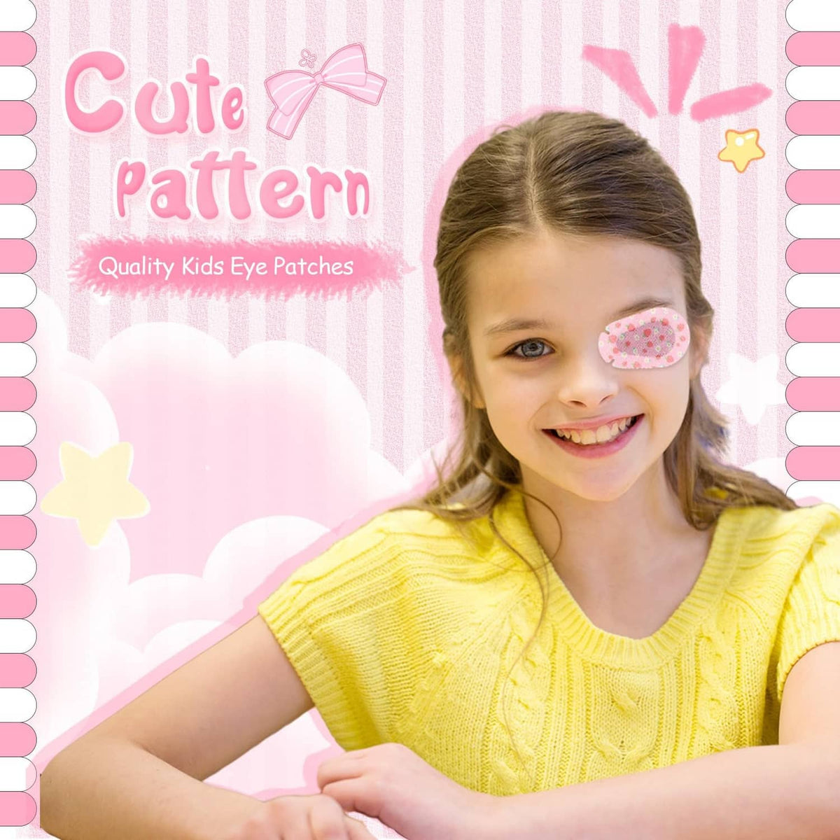 Child smiling with a pink patterned kids adhesive eye patch on one eye