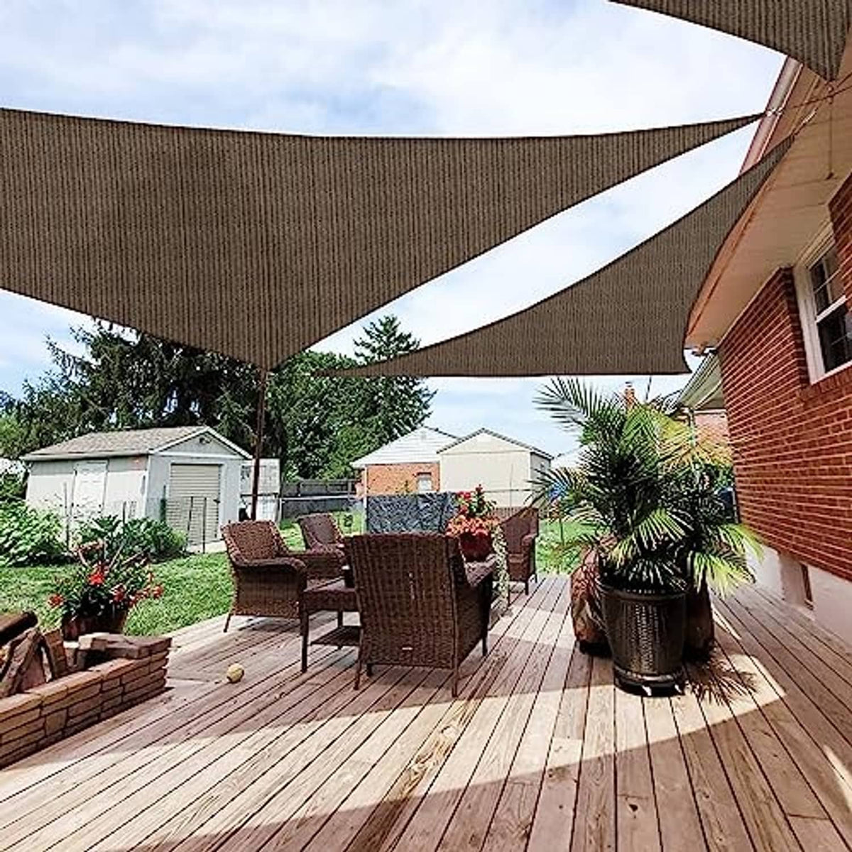 Dark brown triangle sun shade sail canopy with corner tie ropes and metal grommets
