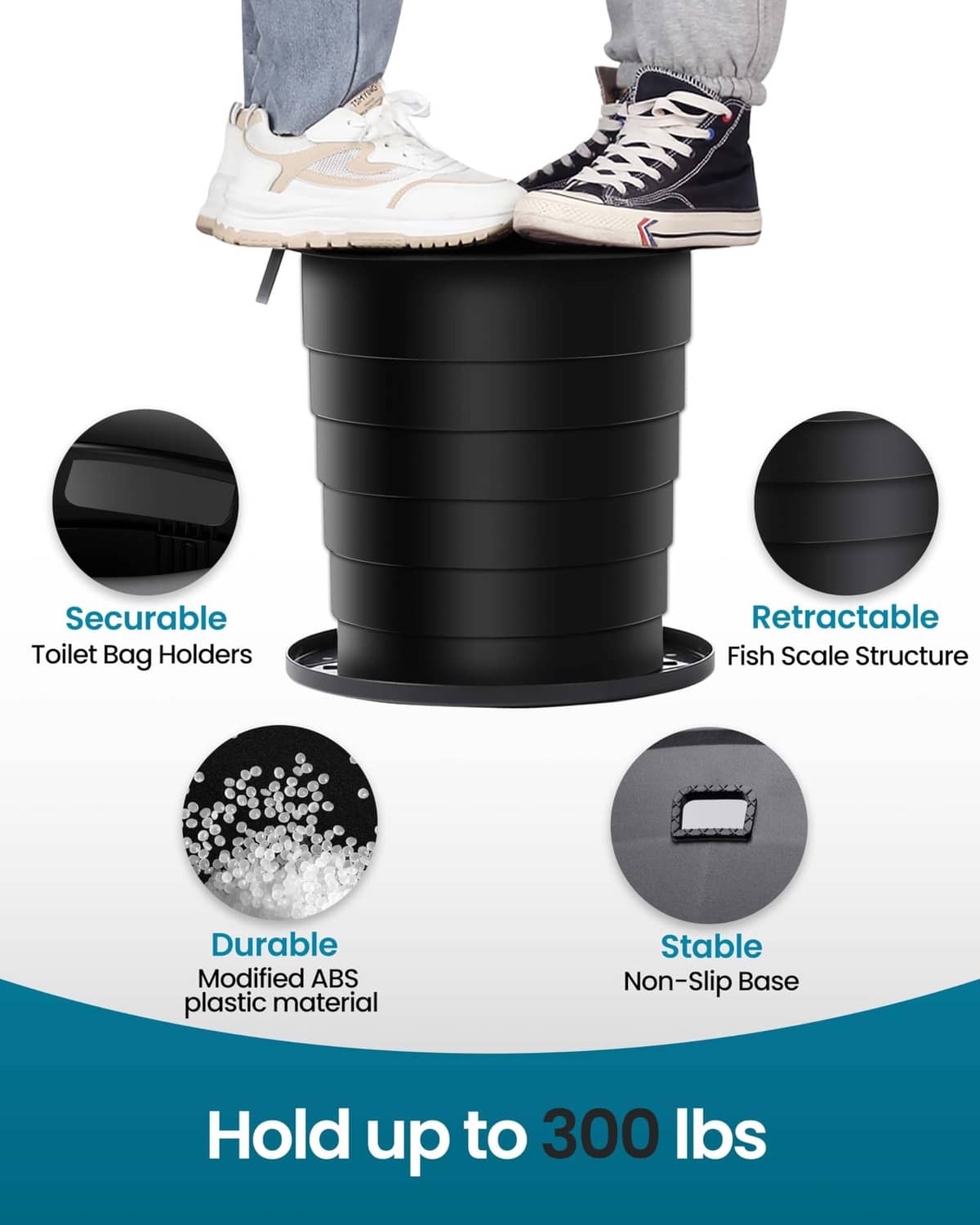 Portable foldable toilet with retractable fish-scale seal, non-slip base, dark