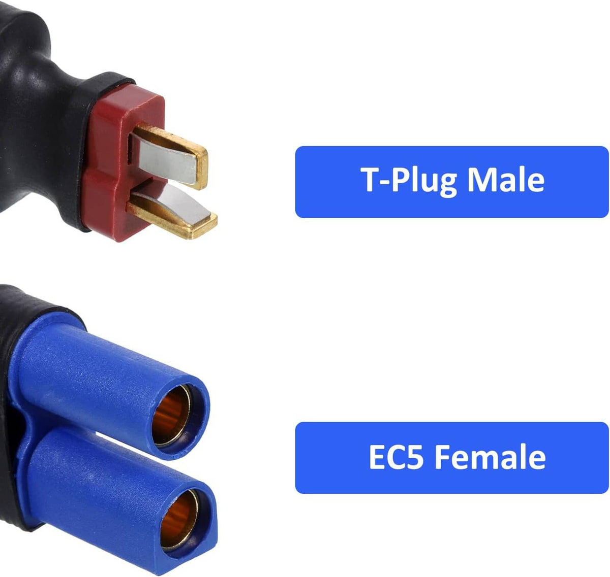 EC5 female and T-plug male connector ends with gold contacts, red insert, and blue sleeves