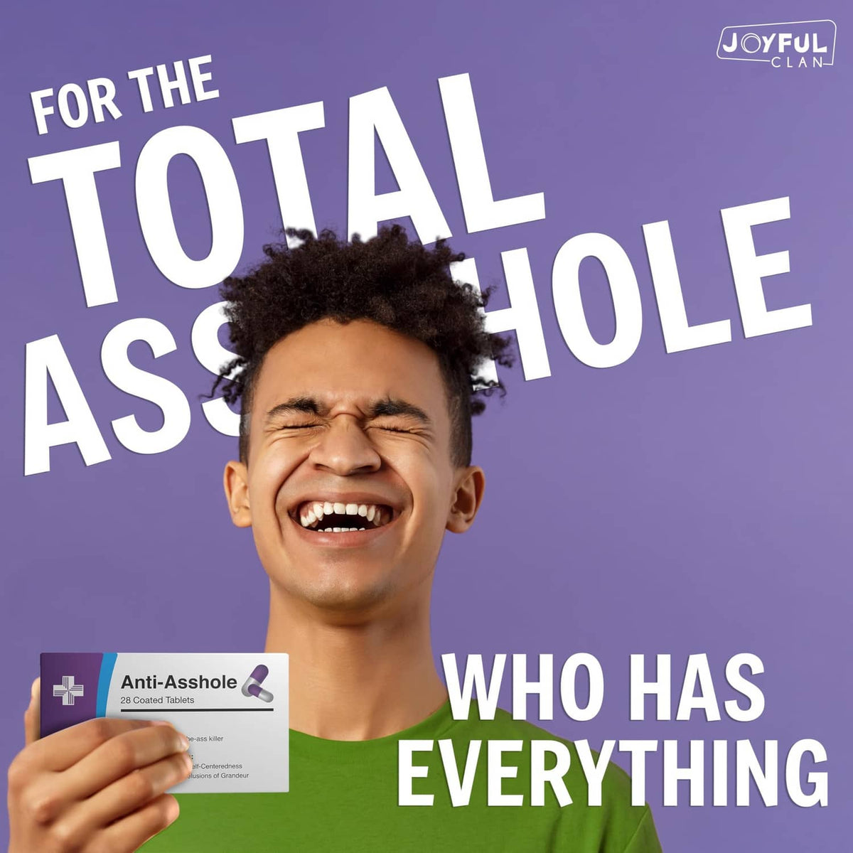 Funny joke pill box with purple-blue "Anti-Asshole" label, held beside smiling man