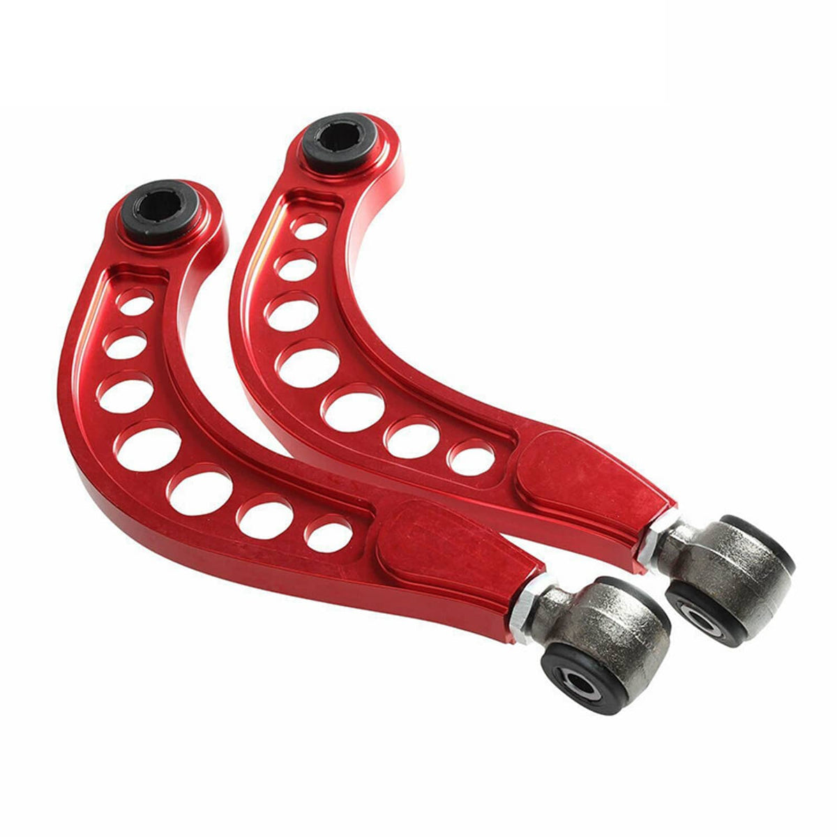 Red rear upper camber control arms with black bushings and silver mounting ends
