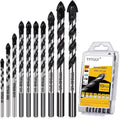 10-piece masonry drill bit set, black and silver spiral bits in a plastic case