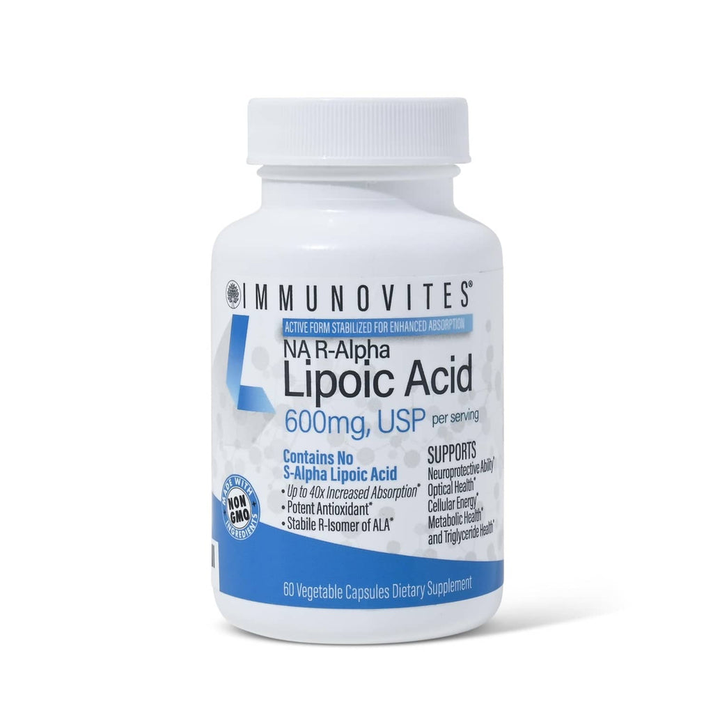 Immunovites NaR-Alpha Lipoic Acid supplement bottle, 600mg, white cap and front label