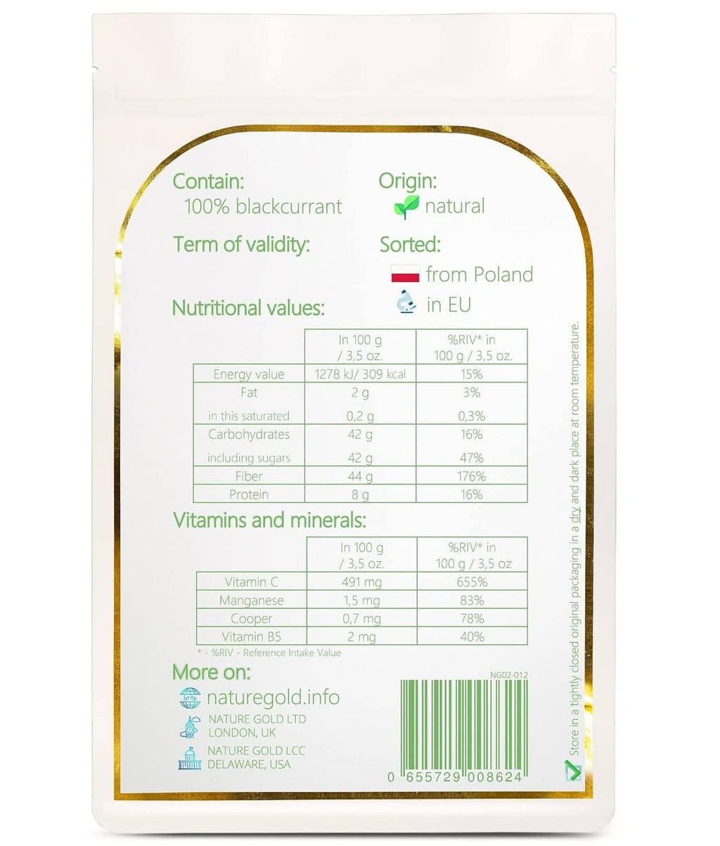 Back of freeze dried blackcurrant pouch with nutrition facts and ingredients