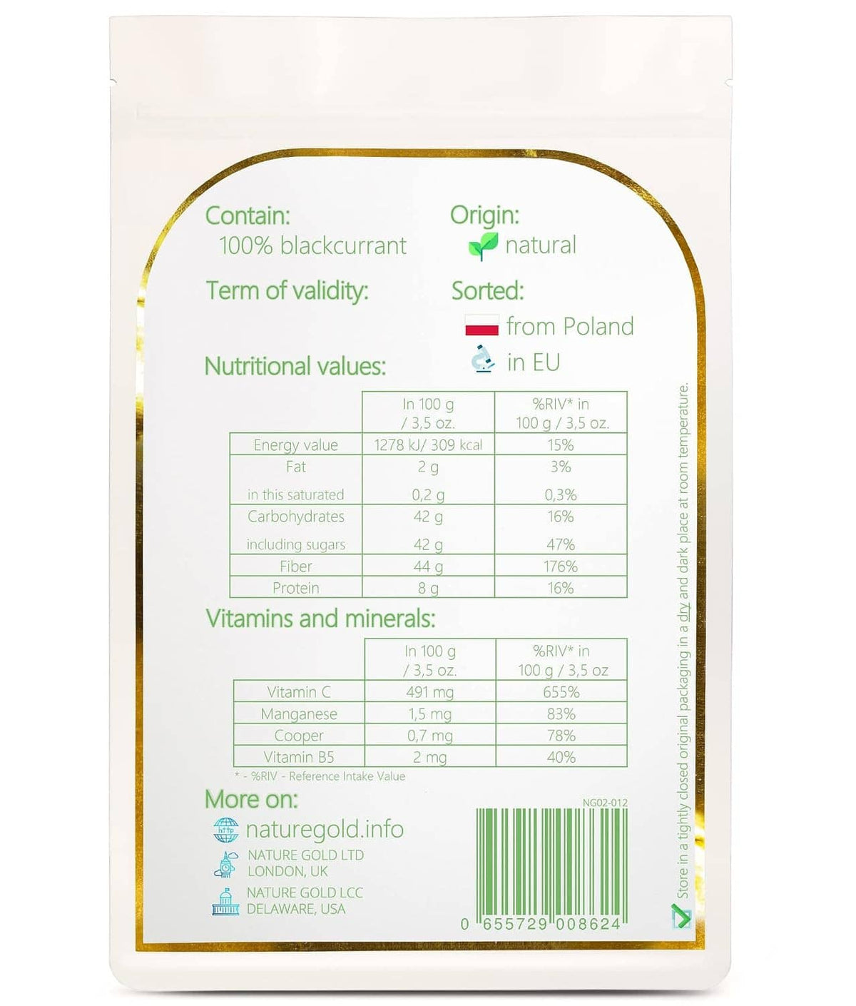 Back of freeze dried blackcurrant pouch with nutrition facts and ingredients