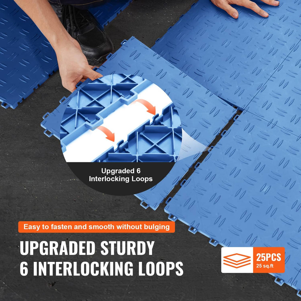 Blue interlocking garage floor tiles installed with snap-fit connectors along edges