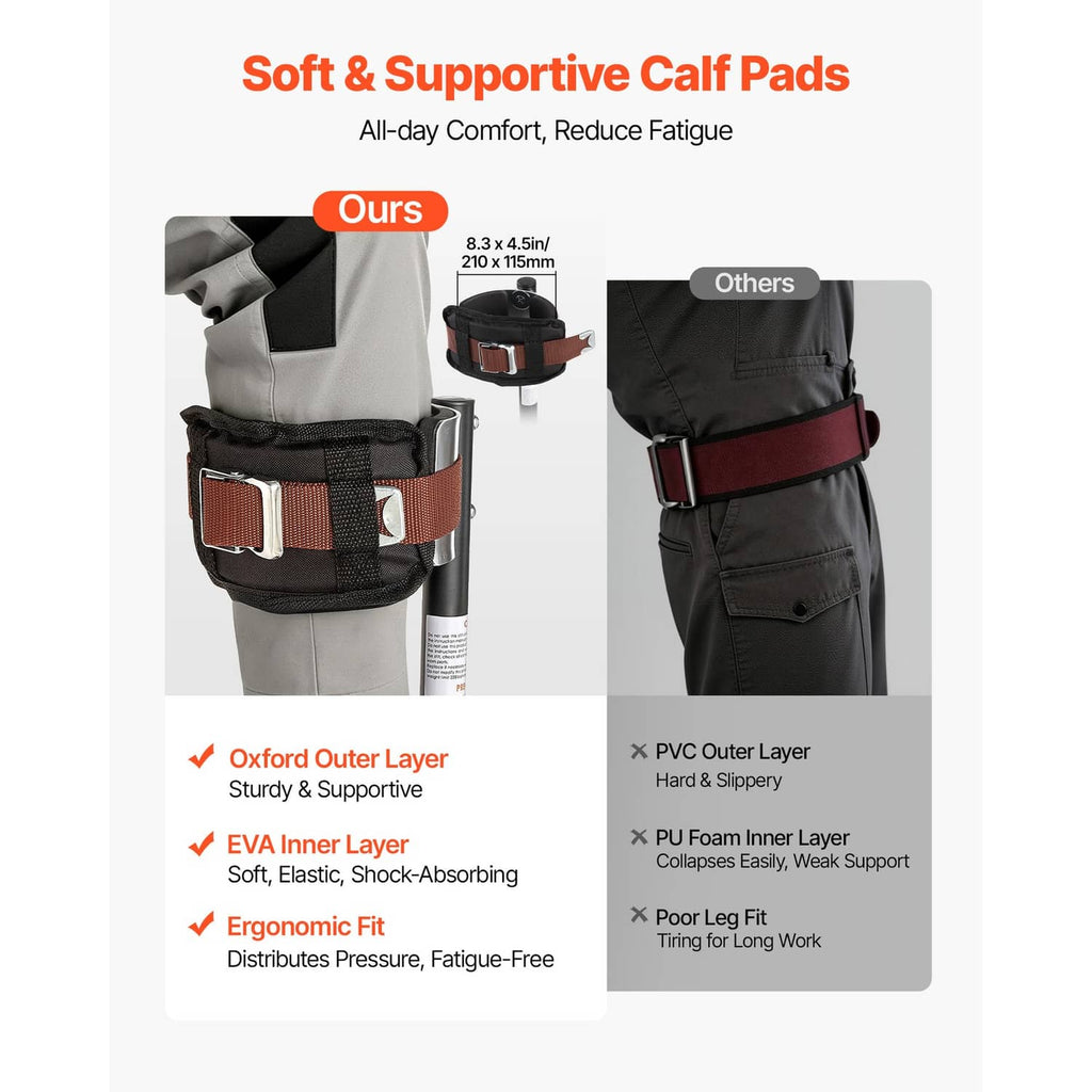 Soft, supportive calf pad assembly on adjustable drywall stilts with brown leather-style straps