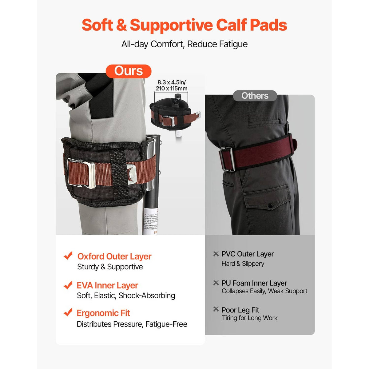 Soft, supportive calf pad assembly on adjustable drywall stilts with brown leather-style straps