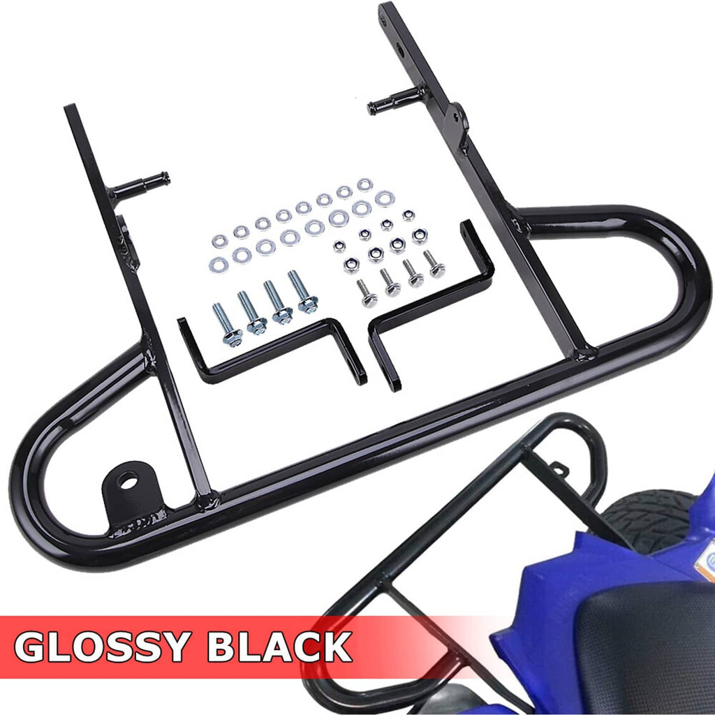 Glossy black rear bumper with tubular grab bar and mounting hardware on ATV