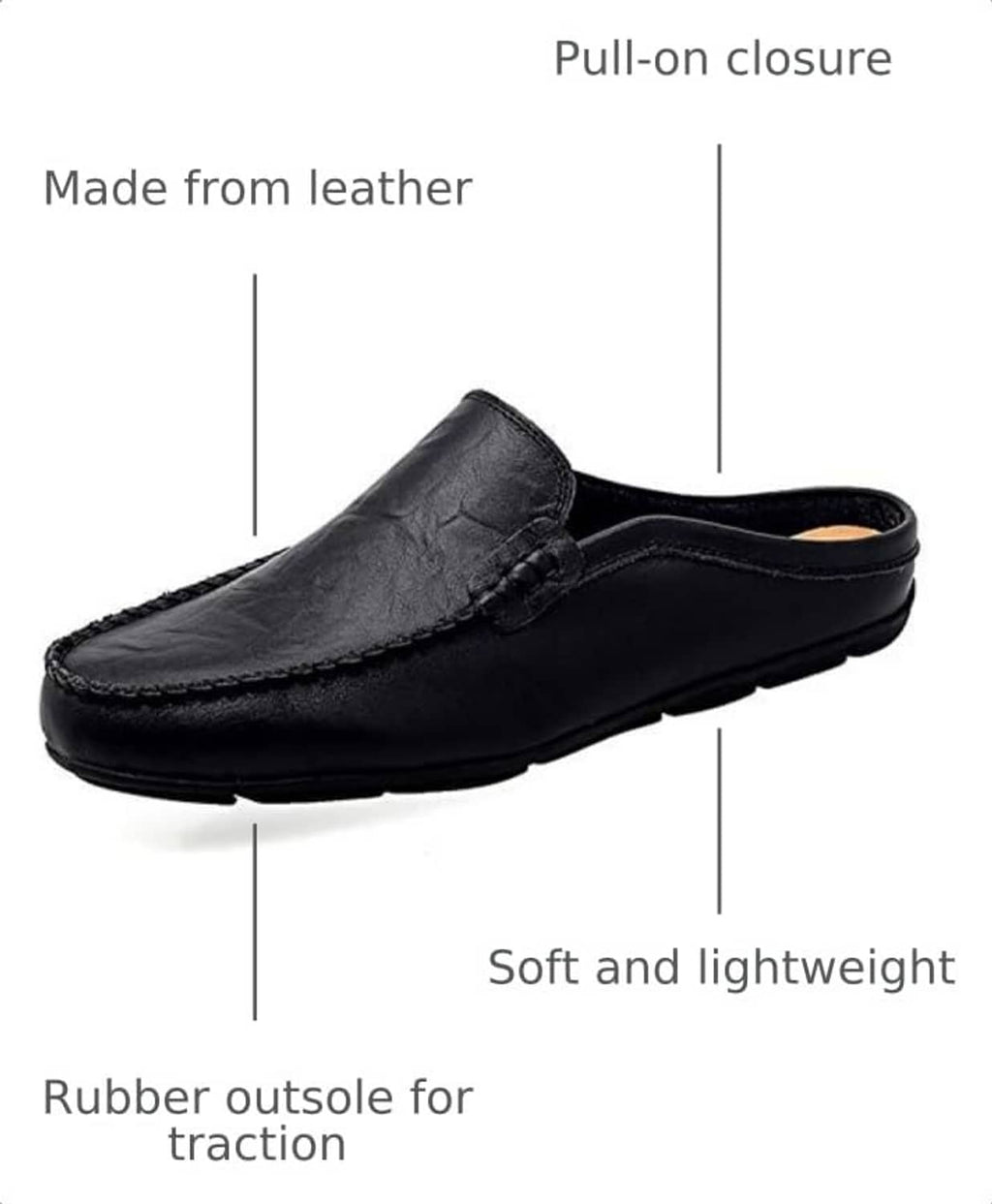 Black leather mule clog slippers with pull-on collar and cushioned soft sole