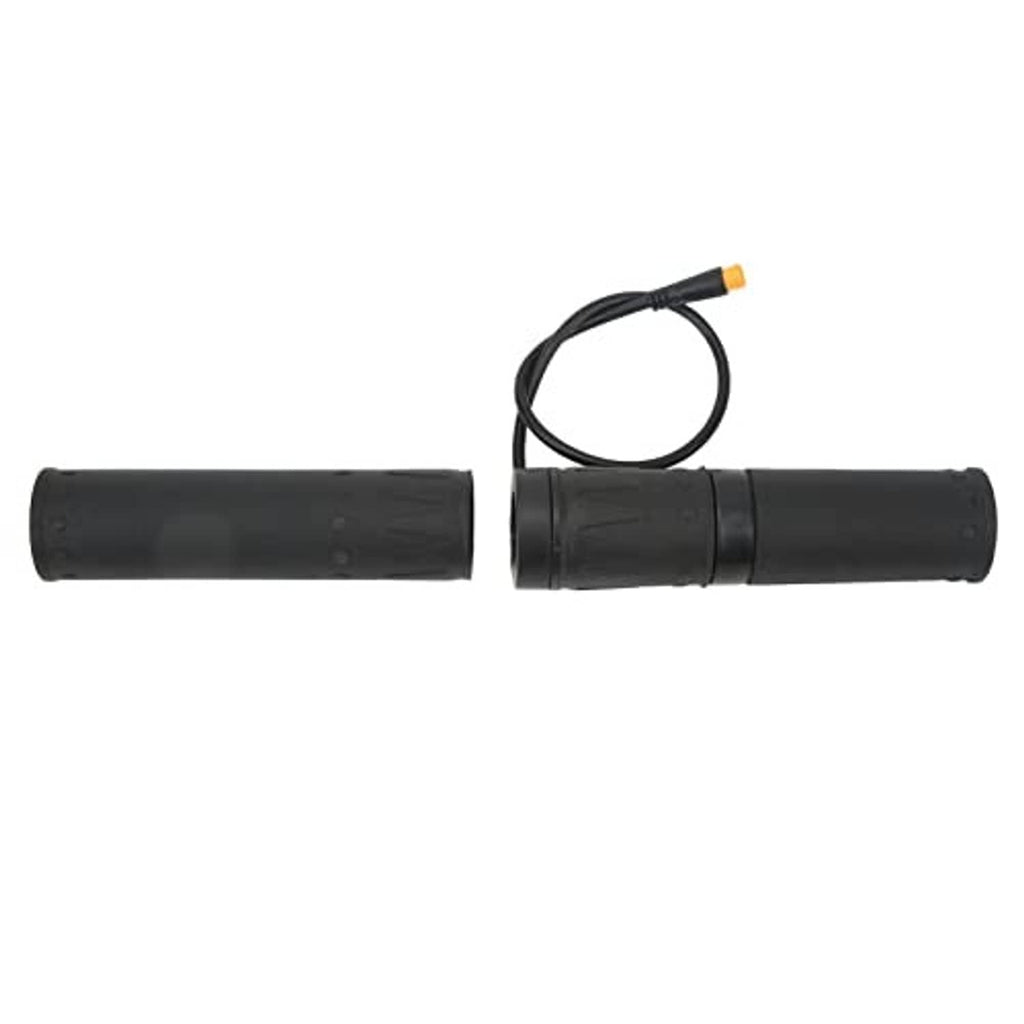 Motorcycle electric throttle grip set with split center joint and two black rubber grips, cable with orange tip